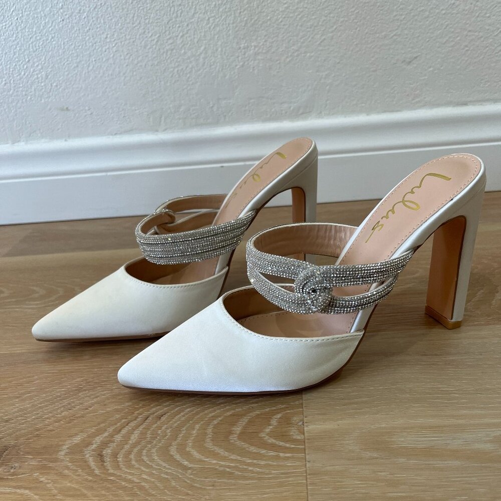 Lulus White Satin Rhinestone Bridal Pointed Toe Mule Pumps Shoes Size 7.5